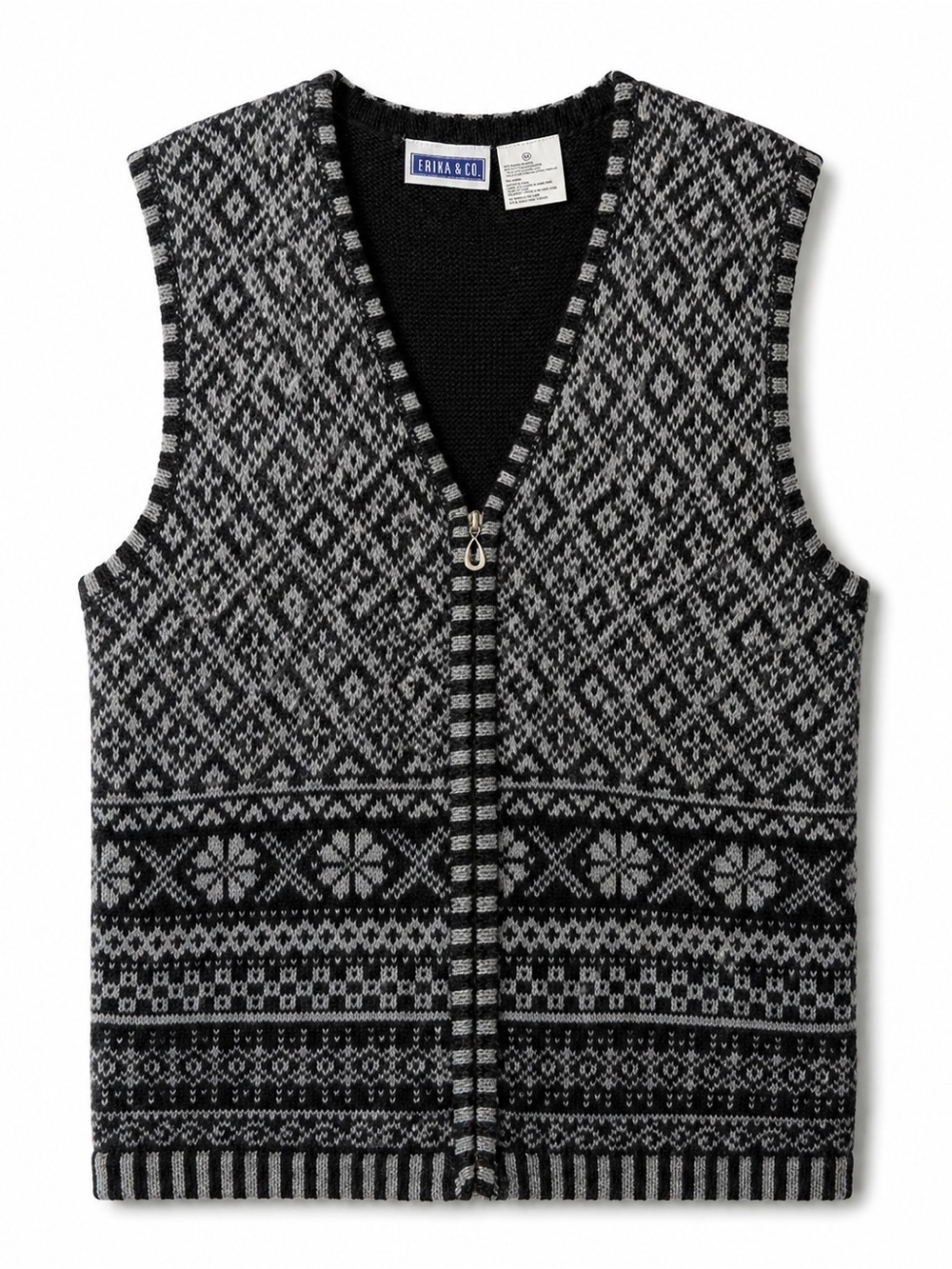 Vintage Sweater Vest Zip Up Size Medium black gray fair isle